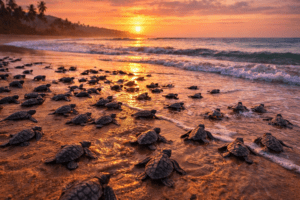 Turtles marching toward the sunset shore