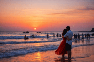 Romantic beach sunset with couple