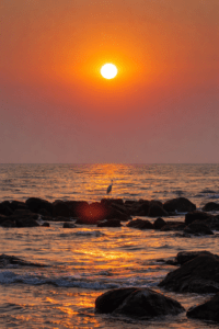 Sunset silhouette on rocky shore