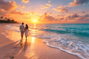 Romantic sunset stroll by the sea
